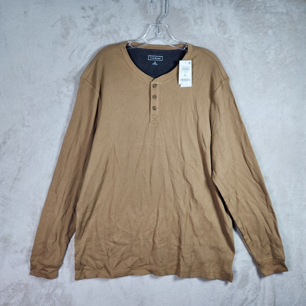 Club Room LS Thermal Shirt Men XL Moca Brown Henley Waffle Knit Casual Classic